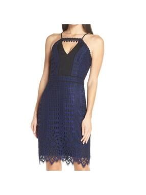 NWT HARLYN Blue and Black Chiffon Cutout Lace A Halter Cocktail Dress L $172